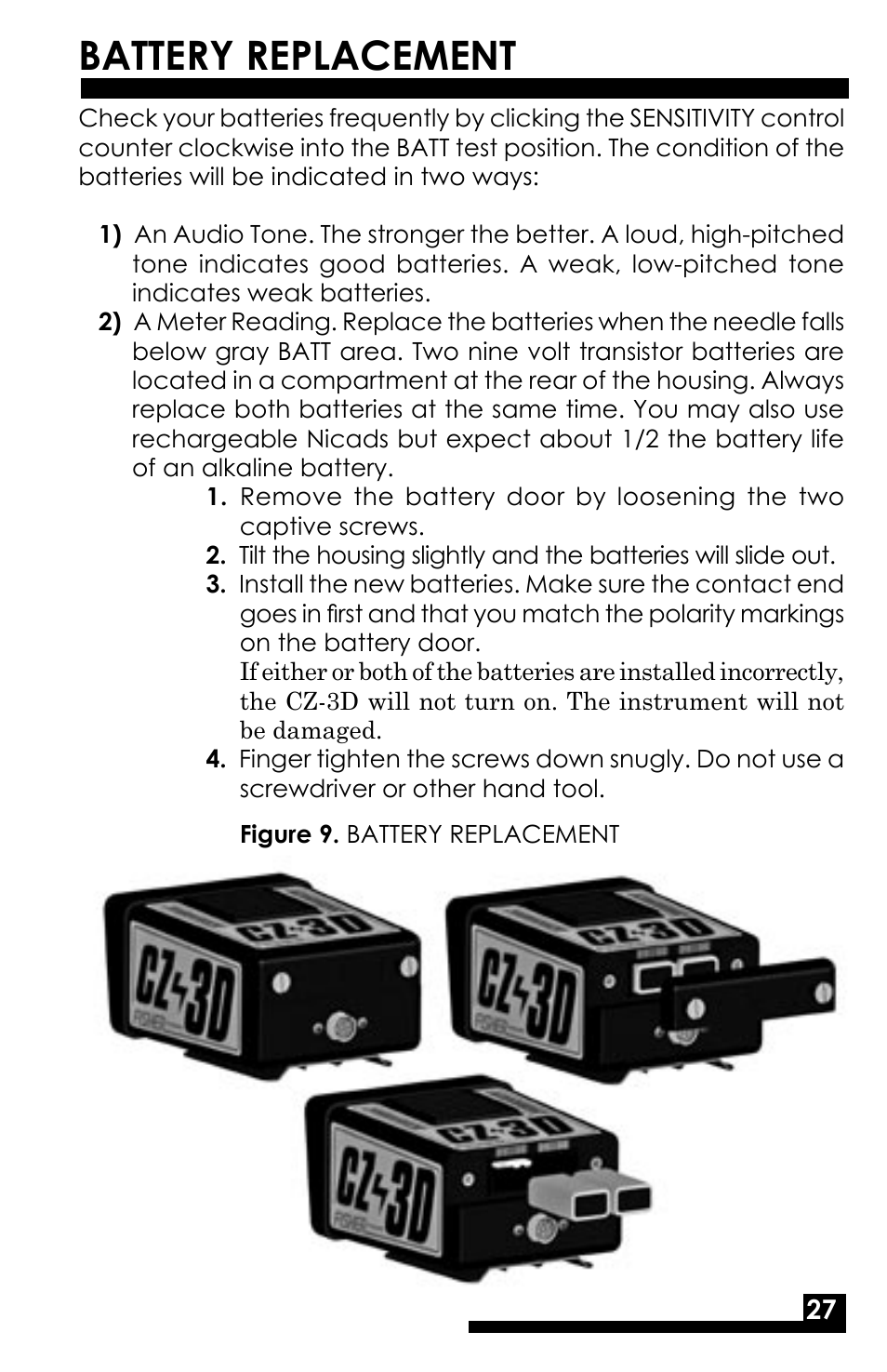 Battery replacement | Fisher M-SCOPE CZ-3D User Manual | Page 29 / 32