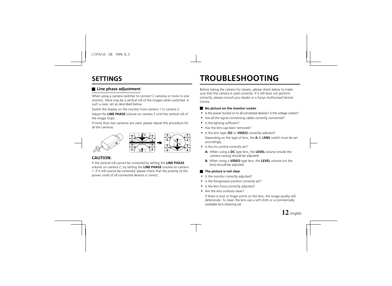 Troubleshooting, Settings | Fisher VCB-3424 User Manual | Page 14 / 15
