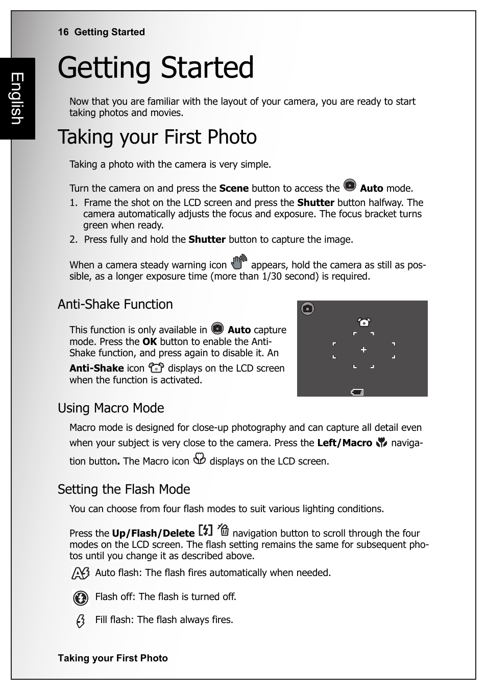 Getting started, Taking your first photo, Anti-shake function | Using macro mode, Setting the flash mode, English | Fisher VPC-S670 User Manual | Page 30 / 63