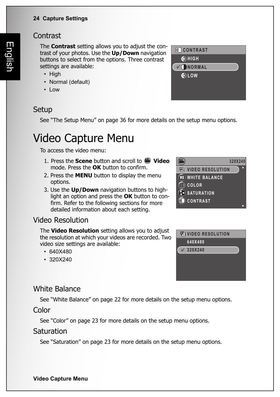Contrast, Setup, Video capture menu | Video resolution, White balance, Color, Saturation, Contrast setup, Video resolution white balance color saturation, English | Fisher VPC-S670 User Manual | Page 38 / 63