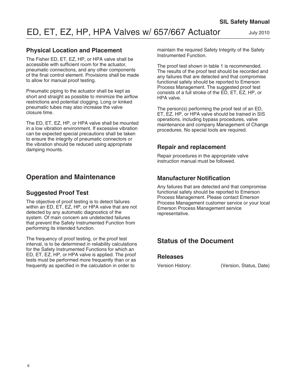 Operation and maintenance, Status of the document | Fisher ET User Manual | Page 6 / 8