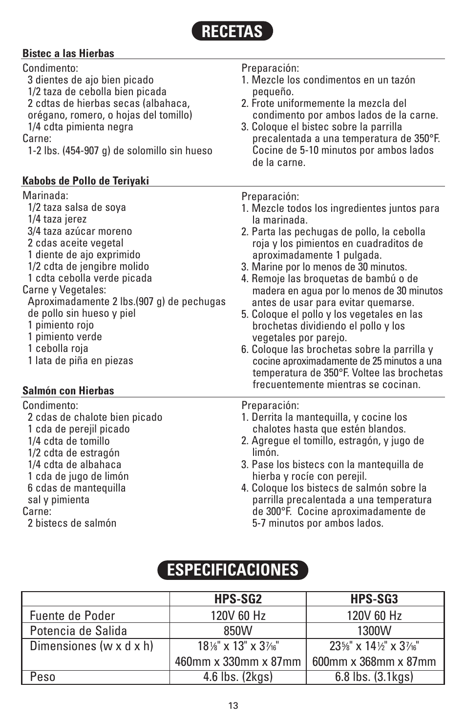 Especificaciones recetas, X 13" x 3, X 14 | Fisher HPS-SG3 User Manual | Page 14 / 16