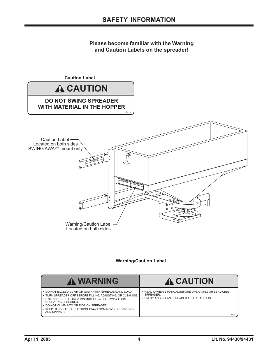 Caution, Warning caution, Safety information | Do not swing spreader with material in the hopper | Fisher 1000-(10003) User Manual | Page 6 / 24