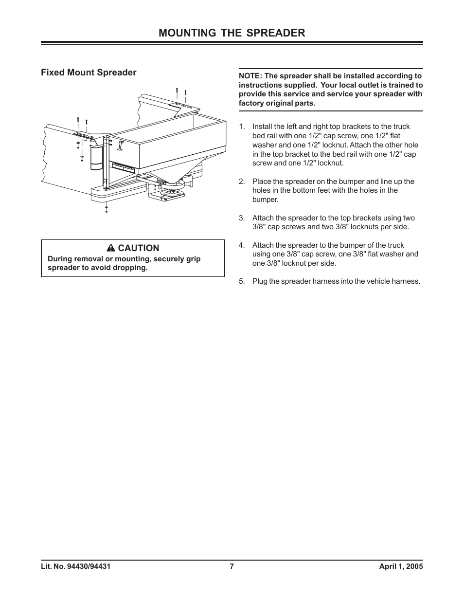 Mounting the spreader, Fixed mount spreader, Caution | Fisher 1000-(10003) User Manual | Page 9 / 24