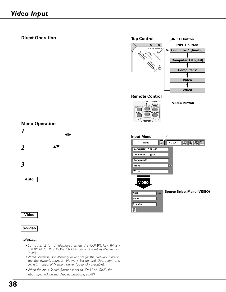 Video input, Input source selection (video, s-video) | Fisher PLC-XU87 User Manual | Page 38 / 73