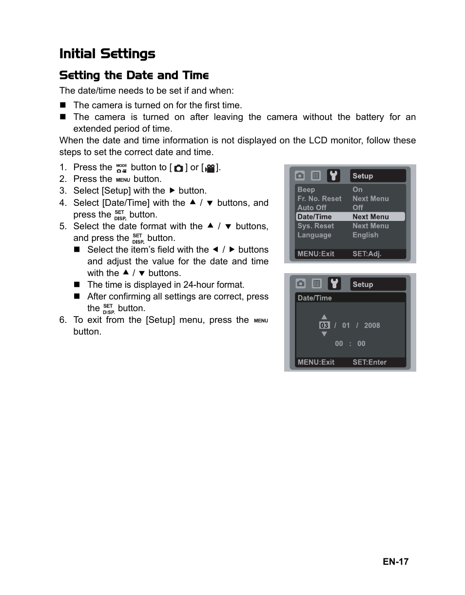 17 initial settings, Initial settings, Setting the date and time | Fisher VPC-T850 User Manual | Page 18 / 43