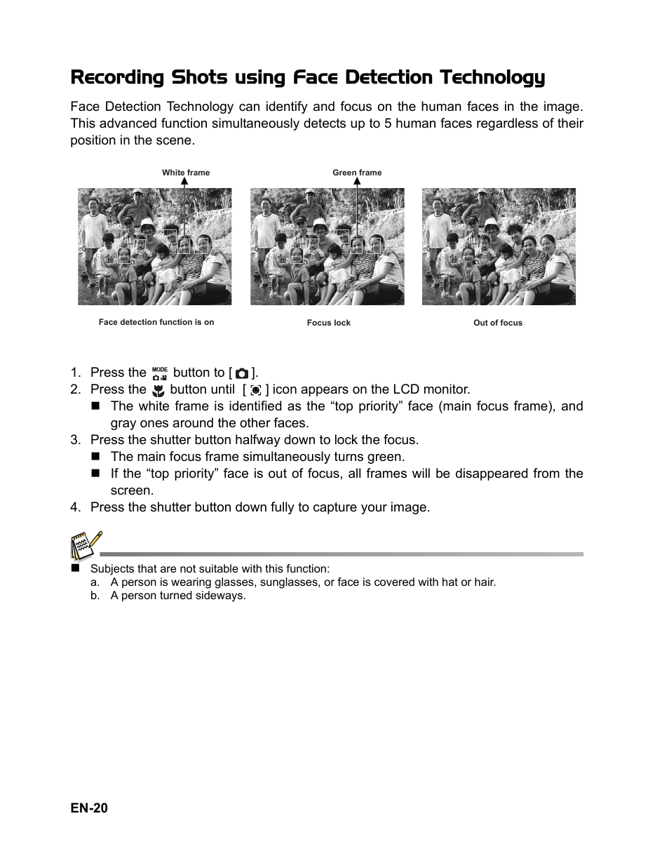 20 recording shots using face, Detection technology, Recording shots using face detection technology | Fisher VPC-T850 User Manual | Page 21 / 43