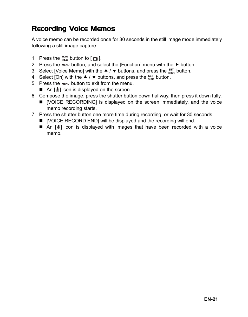 21 recording voice memos | Fisher VPC-T850 User Manual | Page 22 / 43