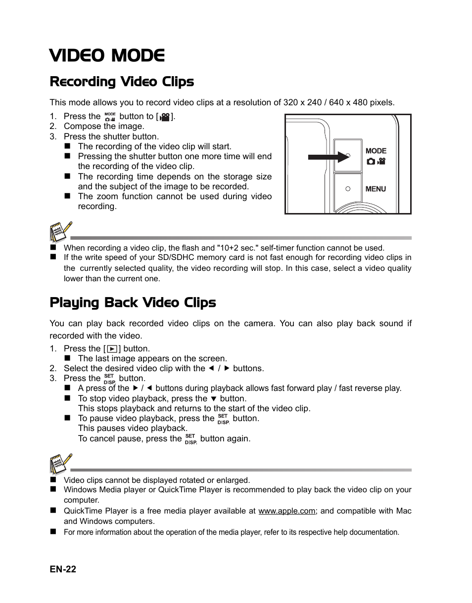 22 video mode, Video mode, Recording video clips | Playing back video clips | Fisher VPC-T850 User Manual | Page 23 / 43