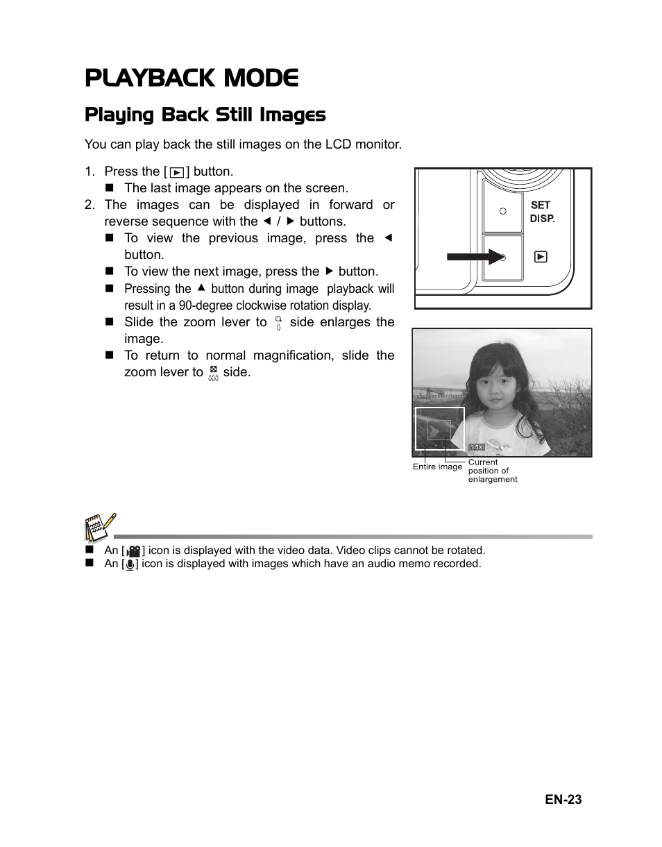 23 playback mode, 23 playing back still images, Playback mode | Playing back still images | Fisher VPC-T850 User Manual | Page 24 / 43