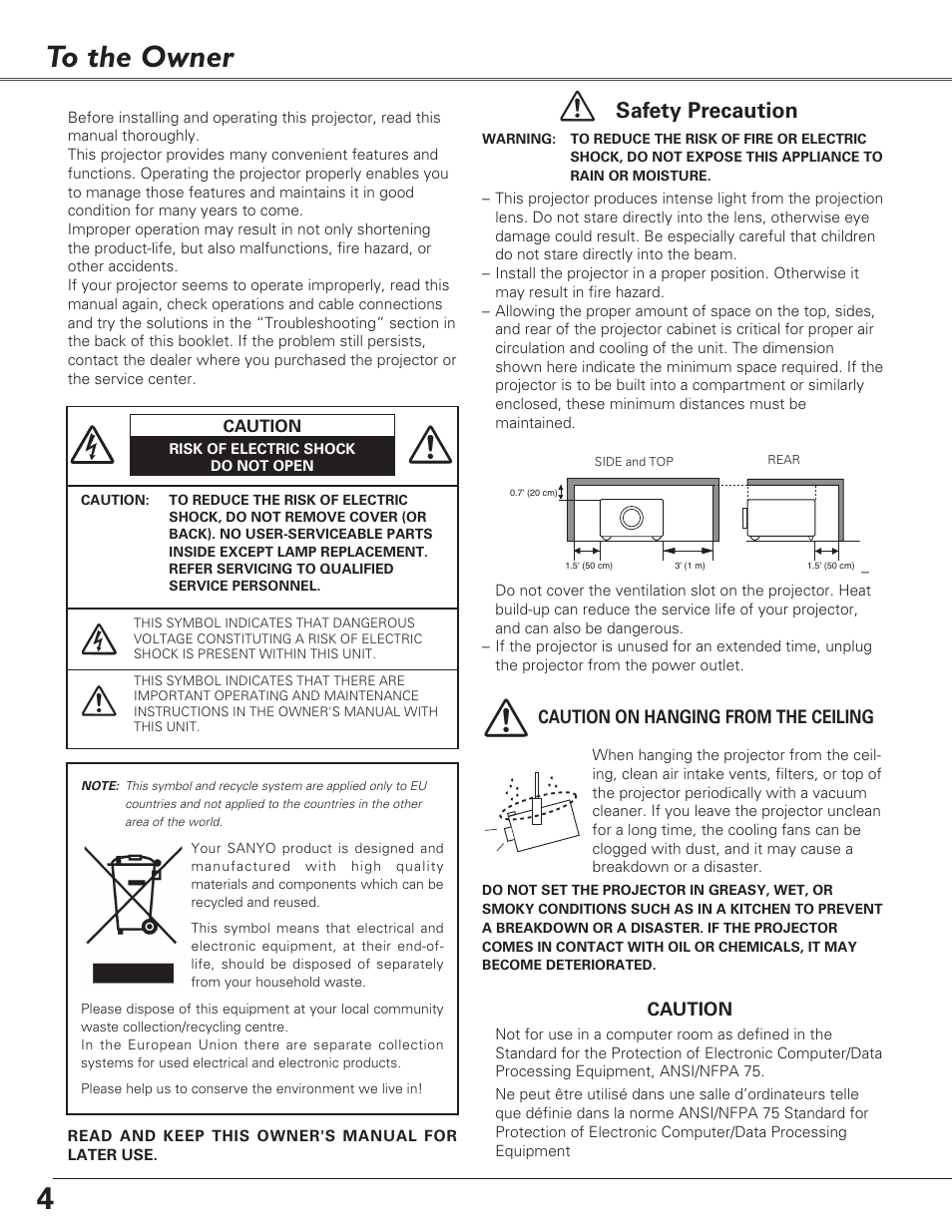 To the owner, 4to the owner, Safety precaution | Fisher PLC-XU100 User Manual | Page 4 / 66