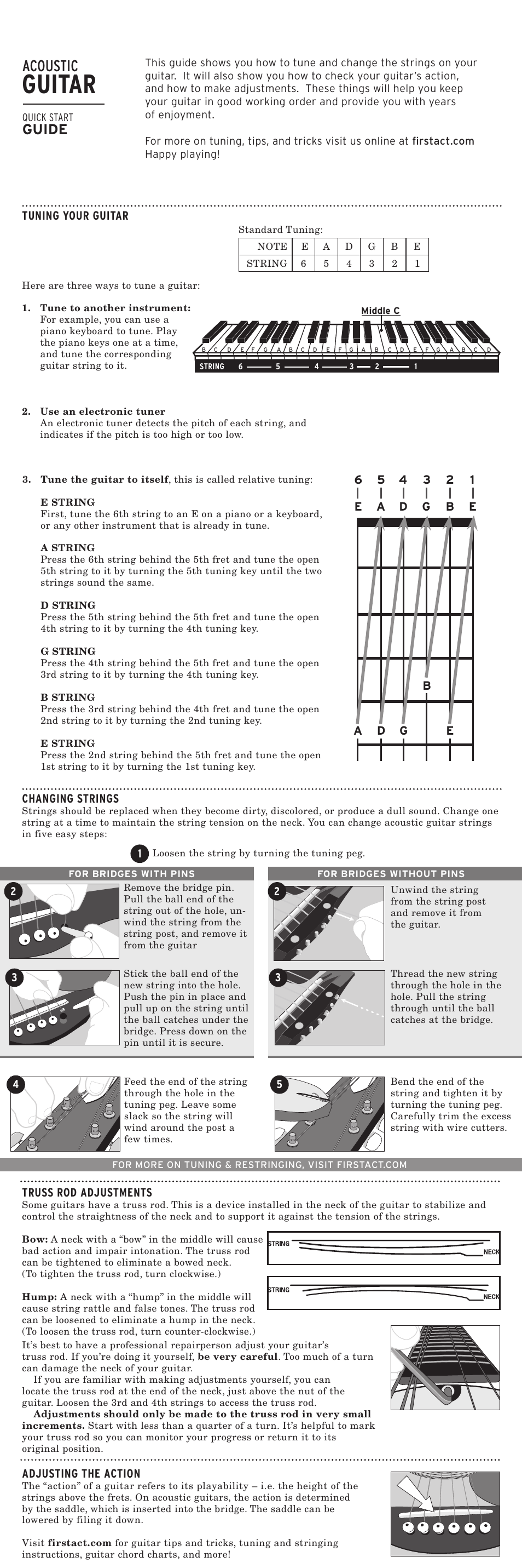 Guitar, Acoustic, Guide | Tuning your guitar, Truss rod adjustments, Adjusting the action | First Act Acoustic Guitar User Manual | Page 2 / 2