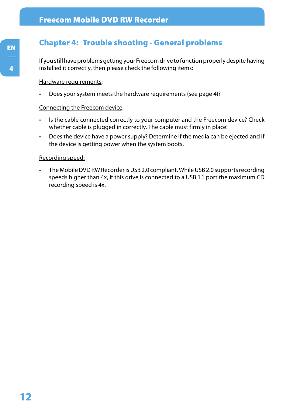 Chapter 4: trouble shooting - general problems, Freecom mobile dvd rw recorder | Freecom Technologies Mobile DVD RW Recorder LS PRO User Manual | Page 12 / 13