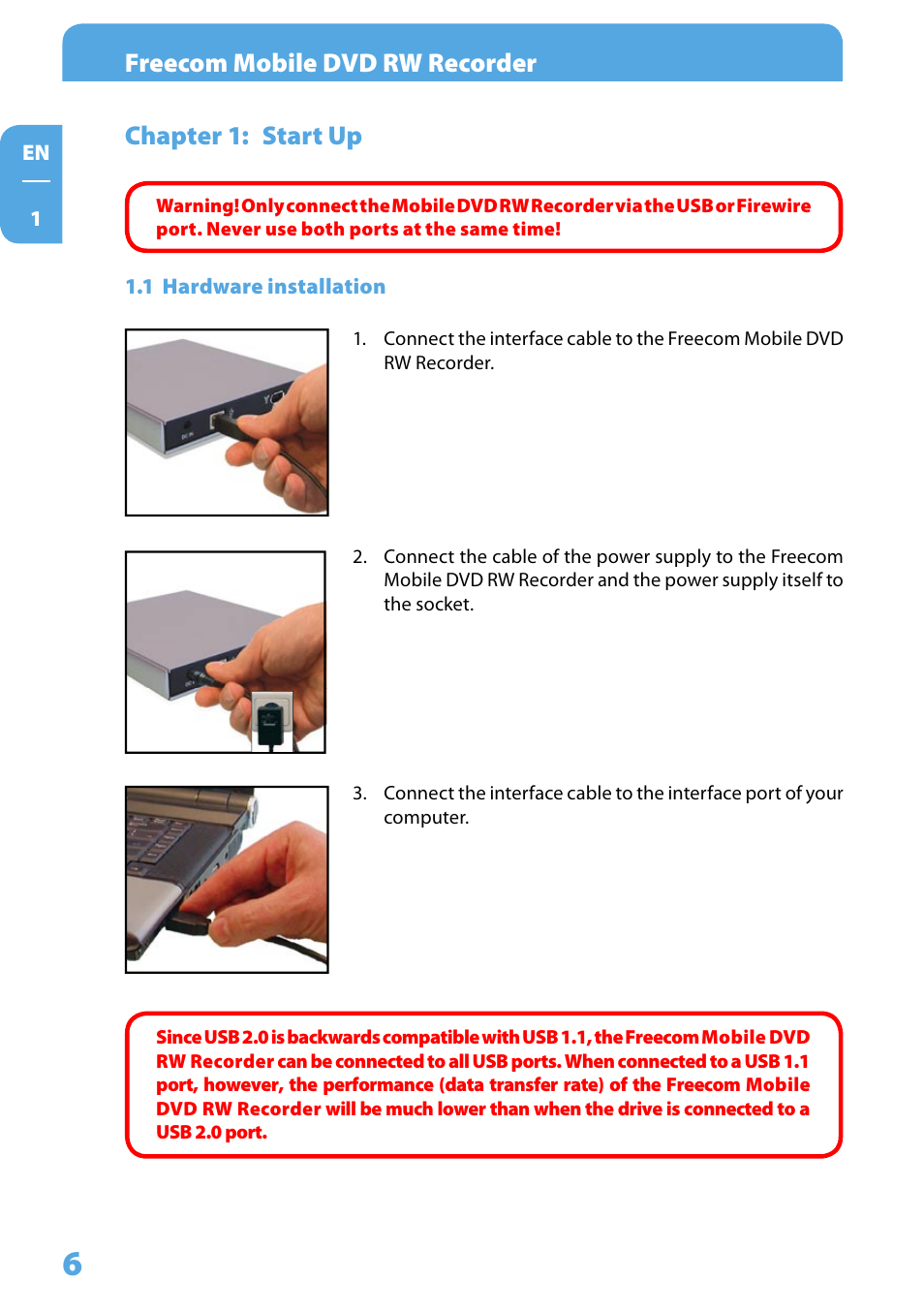 Chapter 1: start up, 1 hardware installation, Freecom mobile dvd rw recorder | Freecom Technologies Mobile DVD RW Recorder LS PRO User Manual | Page 6 / 13