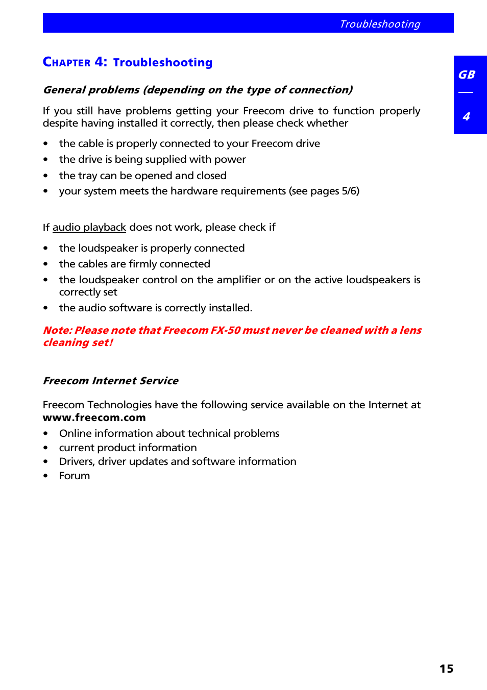 Chapter 4: troubleshooting, Freecom internet service | Freecom Technologies FX-50 User Manual | Page 15 / 15