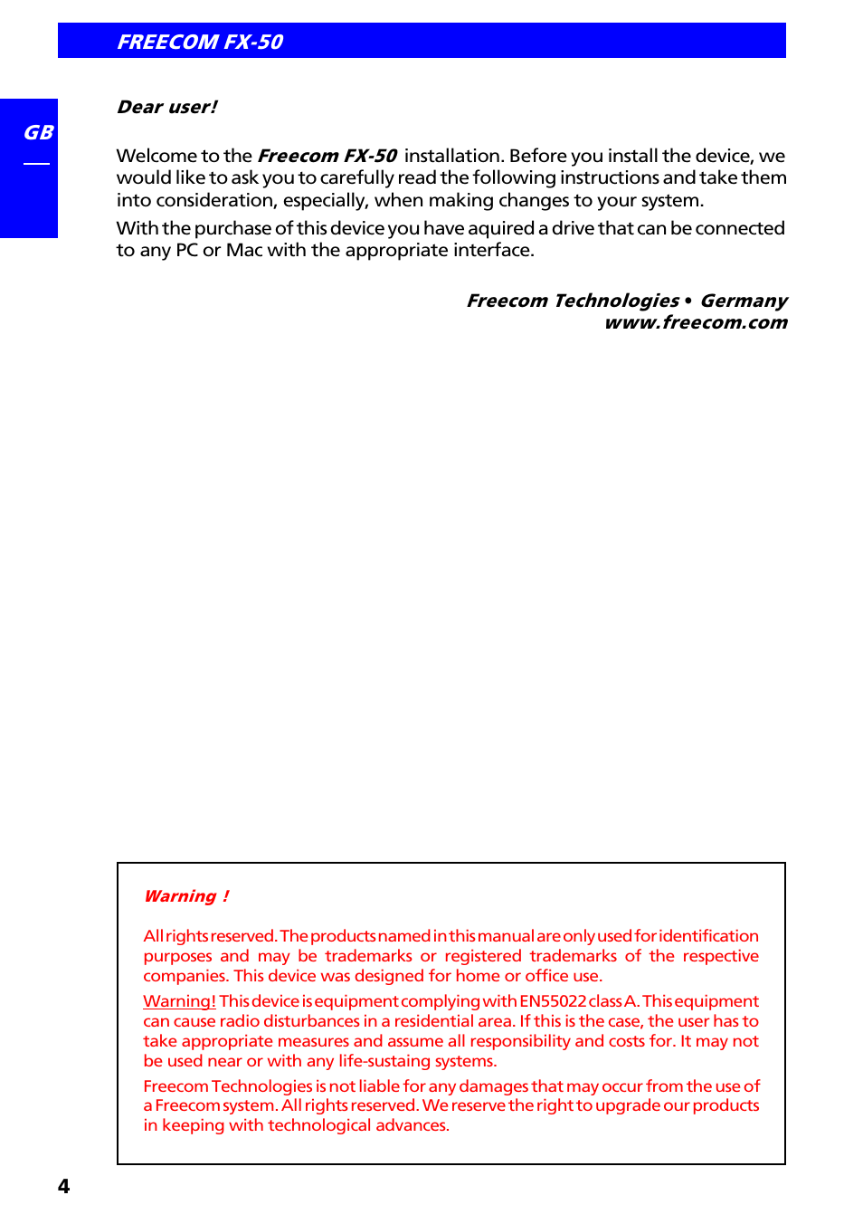 Dear user | Freecom Technologies FX-50 User Manual | Page 4 / 15