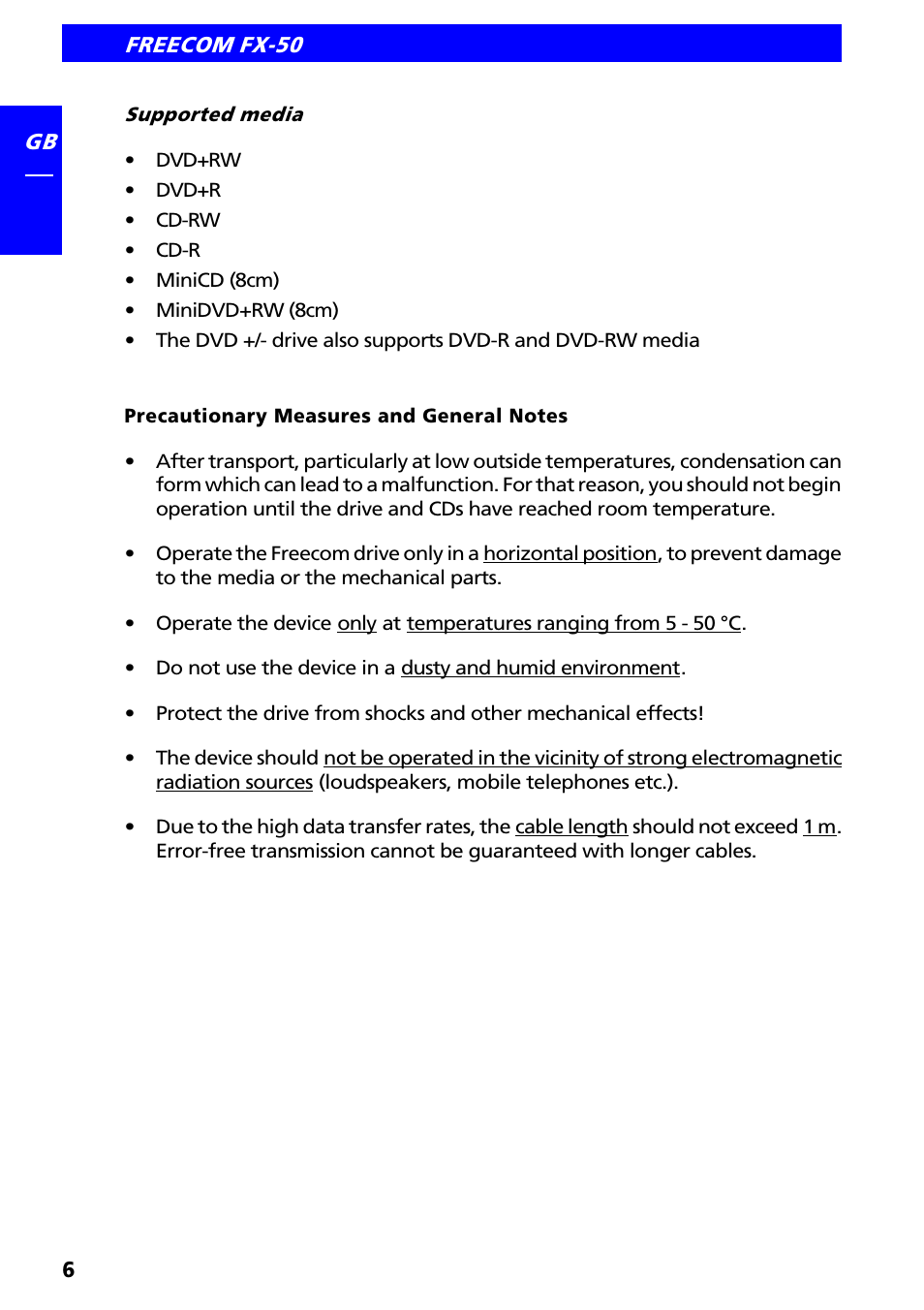 Supported media, Precautionary measures and general notes | Freecom Technologies FX-50 User Manual | Page 6 / 15