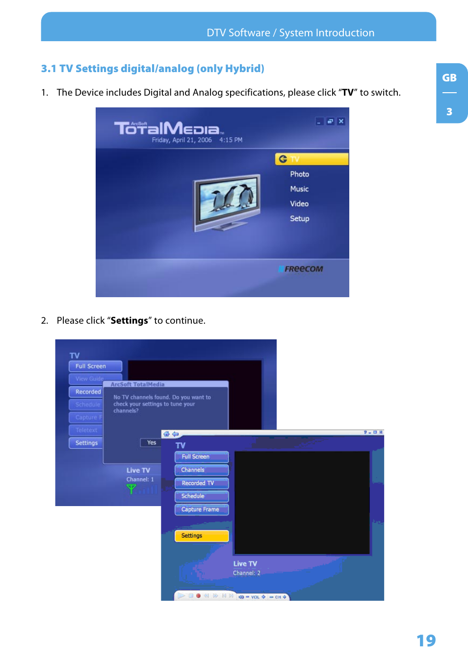 1 tv settings digital/analog (only hybrid) | Freecom Technologies DVB-T User Manual | Page 19 / 29