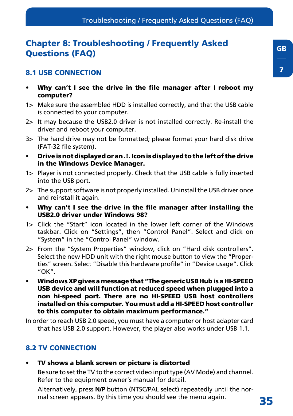 1 usb connection, 2 tv connection | Freecom Technologies MediaPlayer3 User Manual | Page 35 / 41
