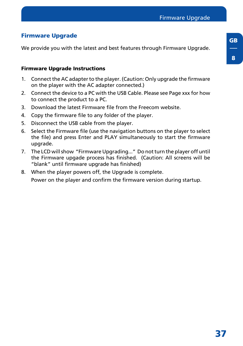 Firmware upgrade, Firmware upgrade instructions | Freecom Technologies MediaPlayer3 User Manual | Page 37 / 41