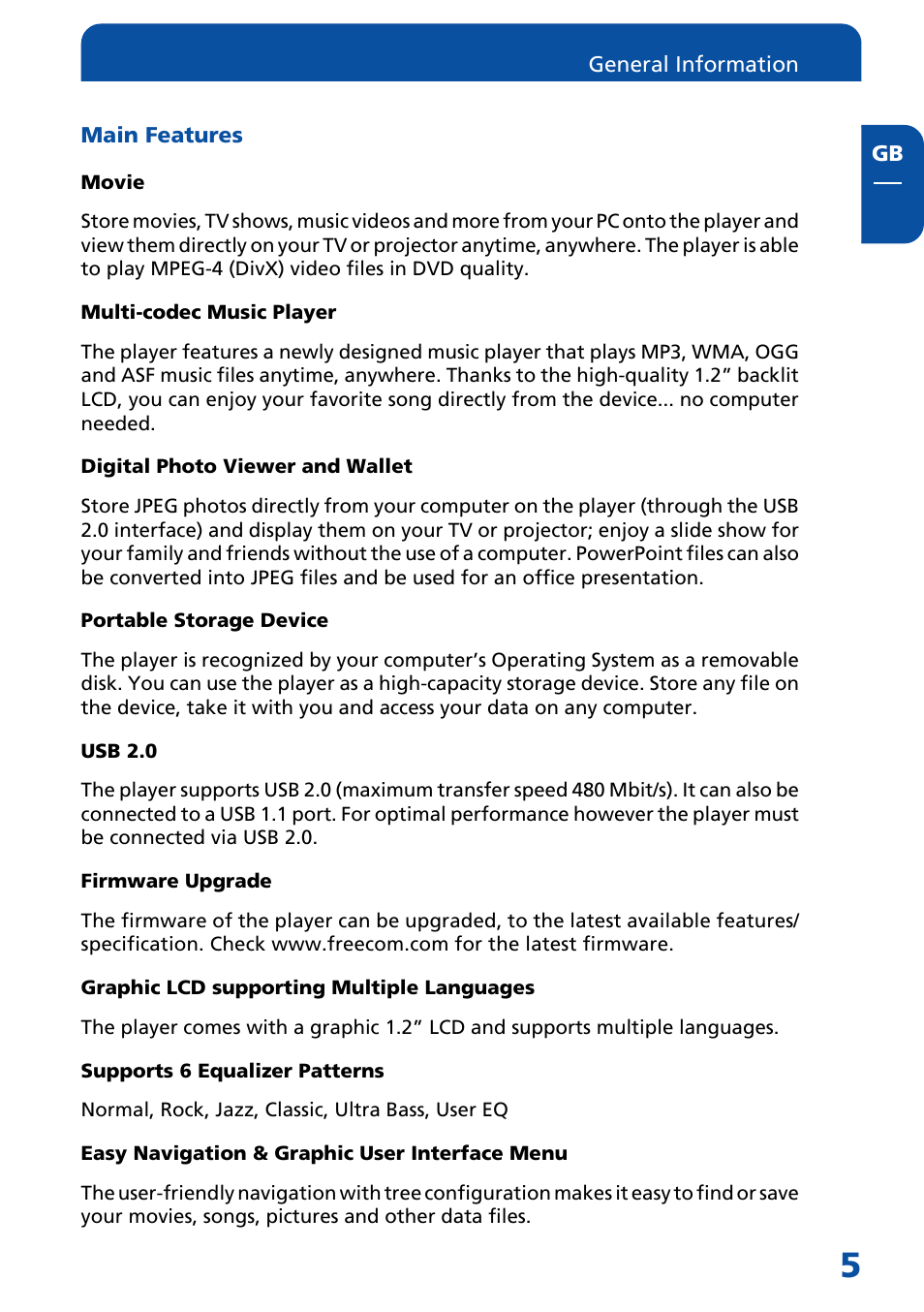 Main features | Freecom Technologies MediaPlayer3 User Manual | Page 5 / 41