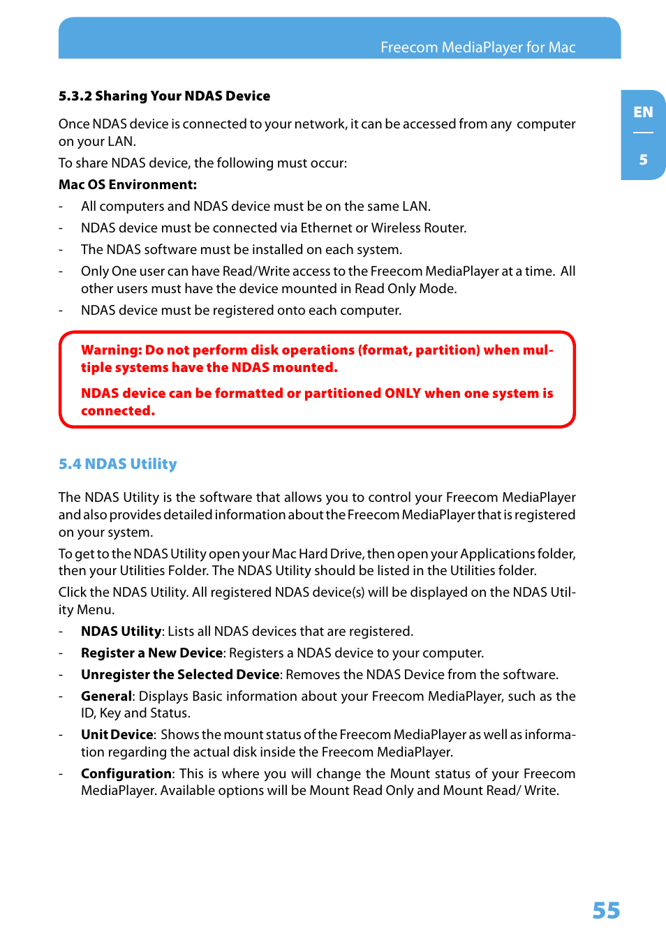 2 sharing your ndas device, 4 ndas utility | Freecom Technologies 350 User Manual | Page 55 / 107
