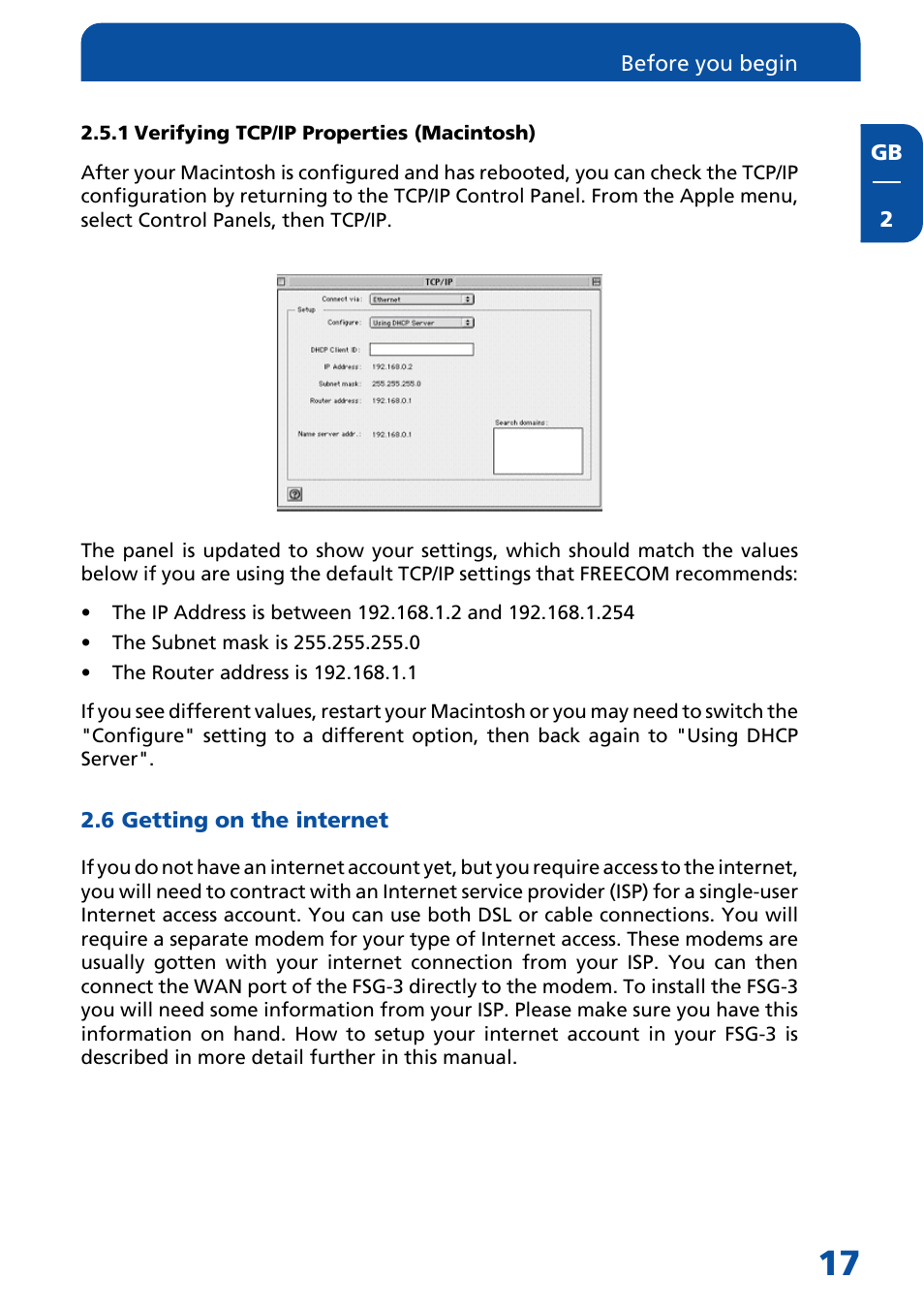1 verifying tcp/ip properties (macintosh), 6 getting on the internet | Freecom Technologies FSG-3 User Manual | Page 17 / 84
