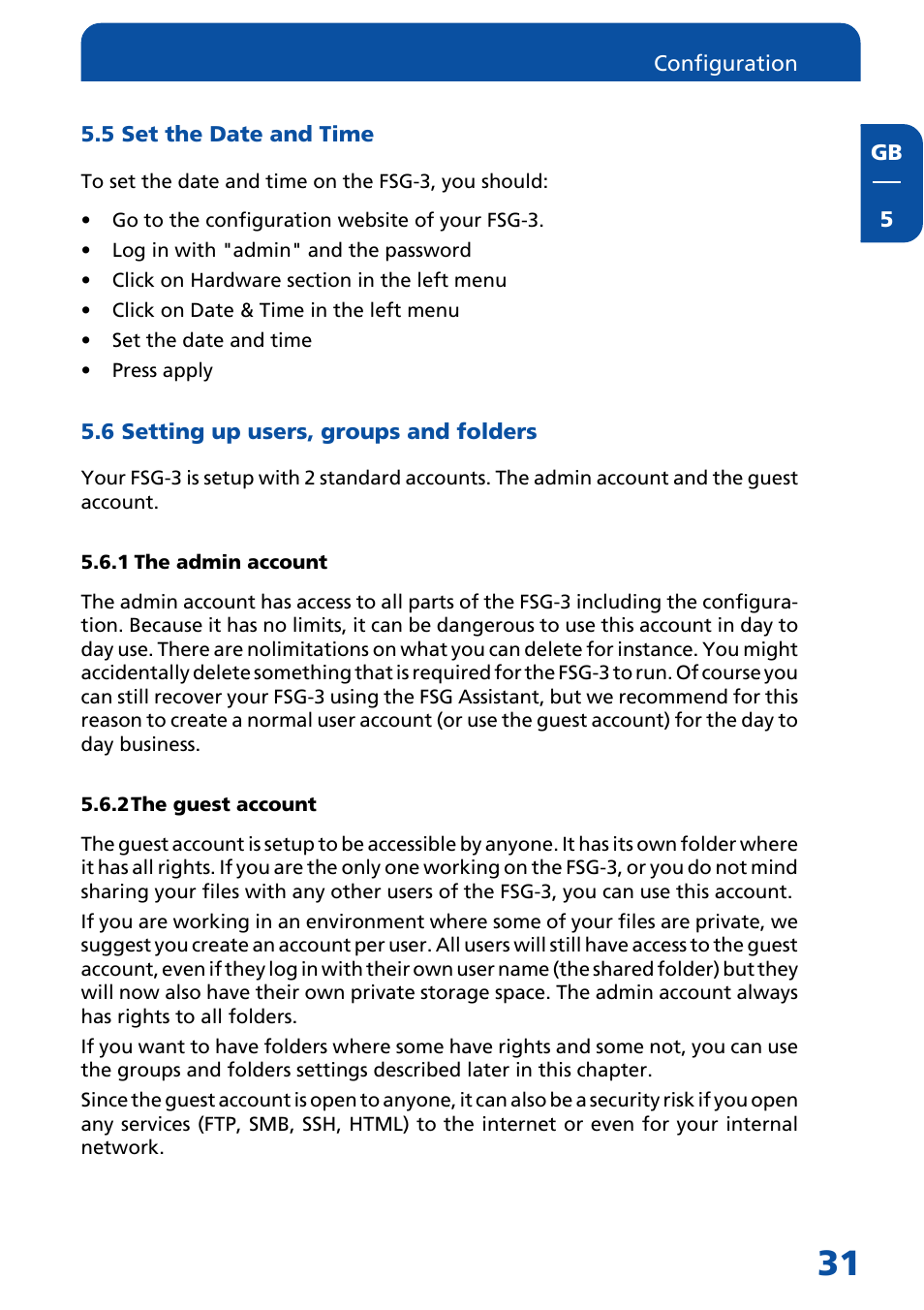 5 set the date and time, 6 setting up users, groups and folders, 1 the admin account | 2 the guest account | Freecom Technologies FSG-3 User Manual | Page 31 / 84