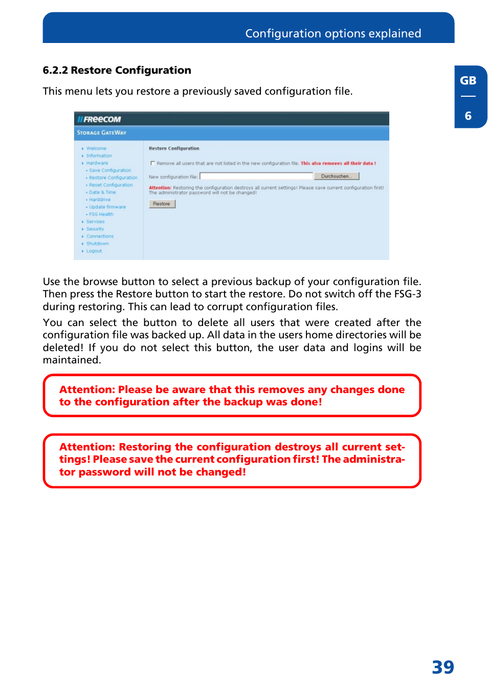 2 restore configuration | Freecom Technologies FSG-3 User Manual | Page 39 / 84