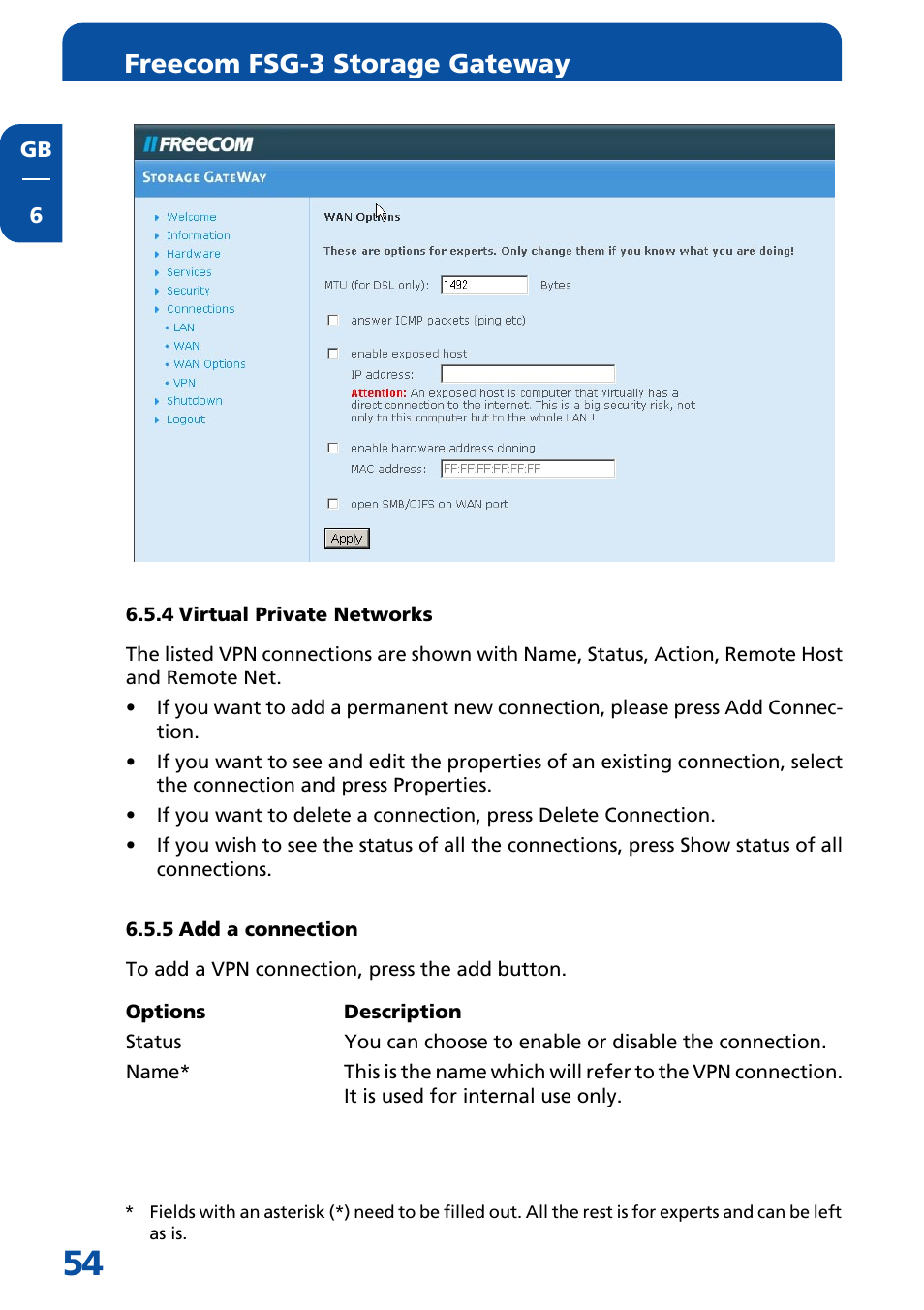 4 virtual private networks, 5 add a connection, Freecom fsg-3 storage gateway | Freecom Technologies FSG-3 User Manual | Page 54 / 84