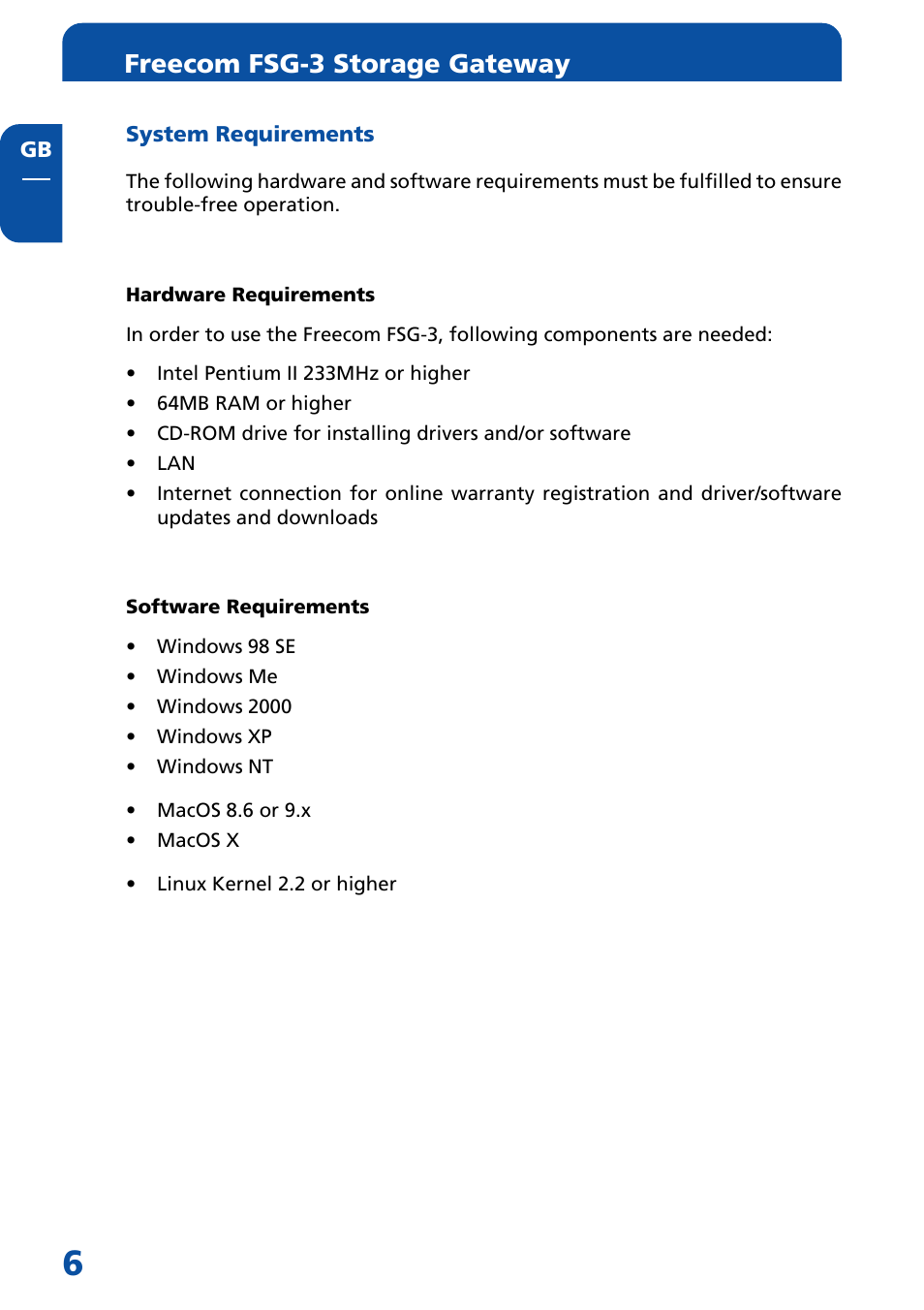 System requirements, Hardware requirements, Software requirements | Freecom fsg-3 storage gateway | Freecom Technologies FSG-3 User Manual | Page 6 / 84