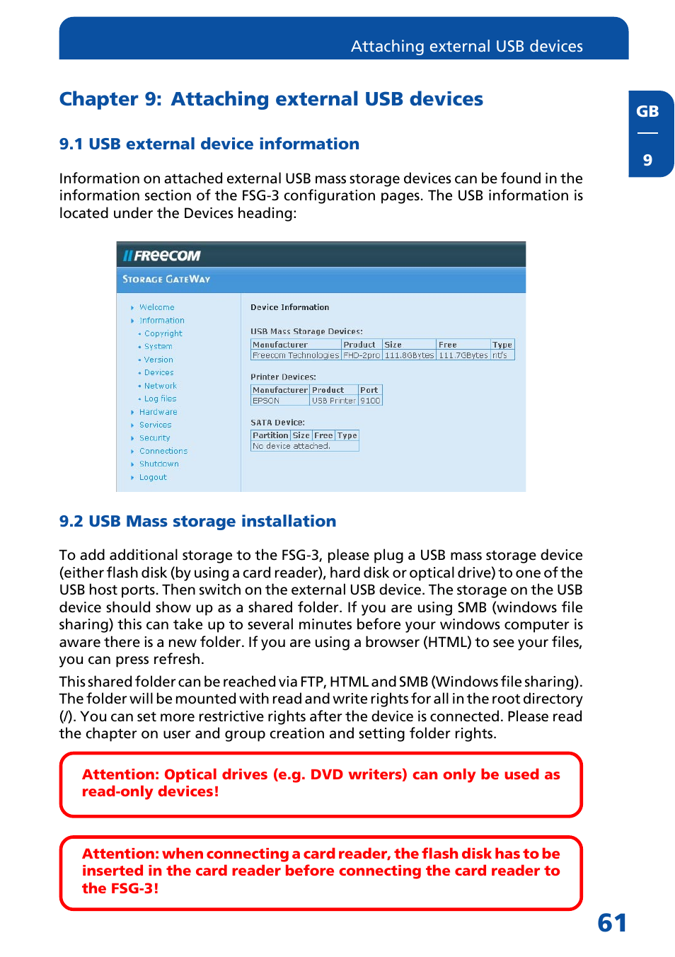 Chapter 9: attaching external usb devices, 1 usb external device information, 2 usb mass storage installation | Freecom Technologies FSG-3 User Manual | Page 61 / 84