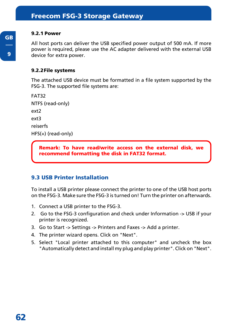 1 power, 2 file systems, 3 usb printer installation | Freecom fsg-3 storage gateway | Freecom Technologies FSG-3 User Manual | Page 62 / 84