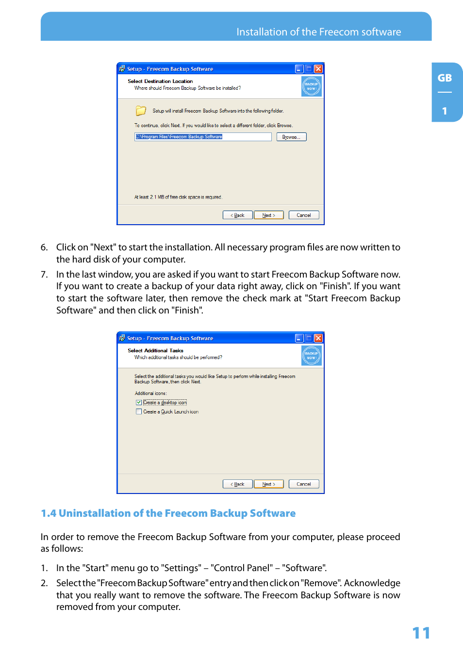 4 uninstallation of the freecom backup software | Freecom Technologies 3.5 " / USB 2.0 / ESATA User Manual | Page 11 / 51
