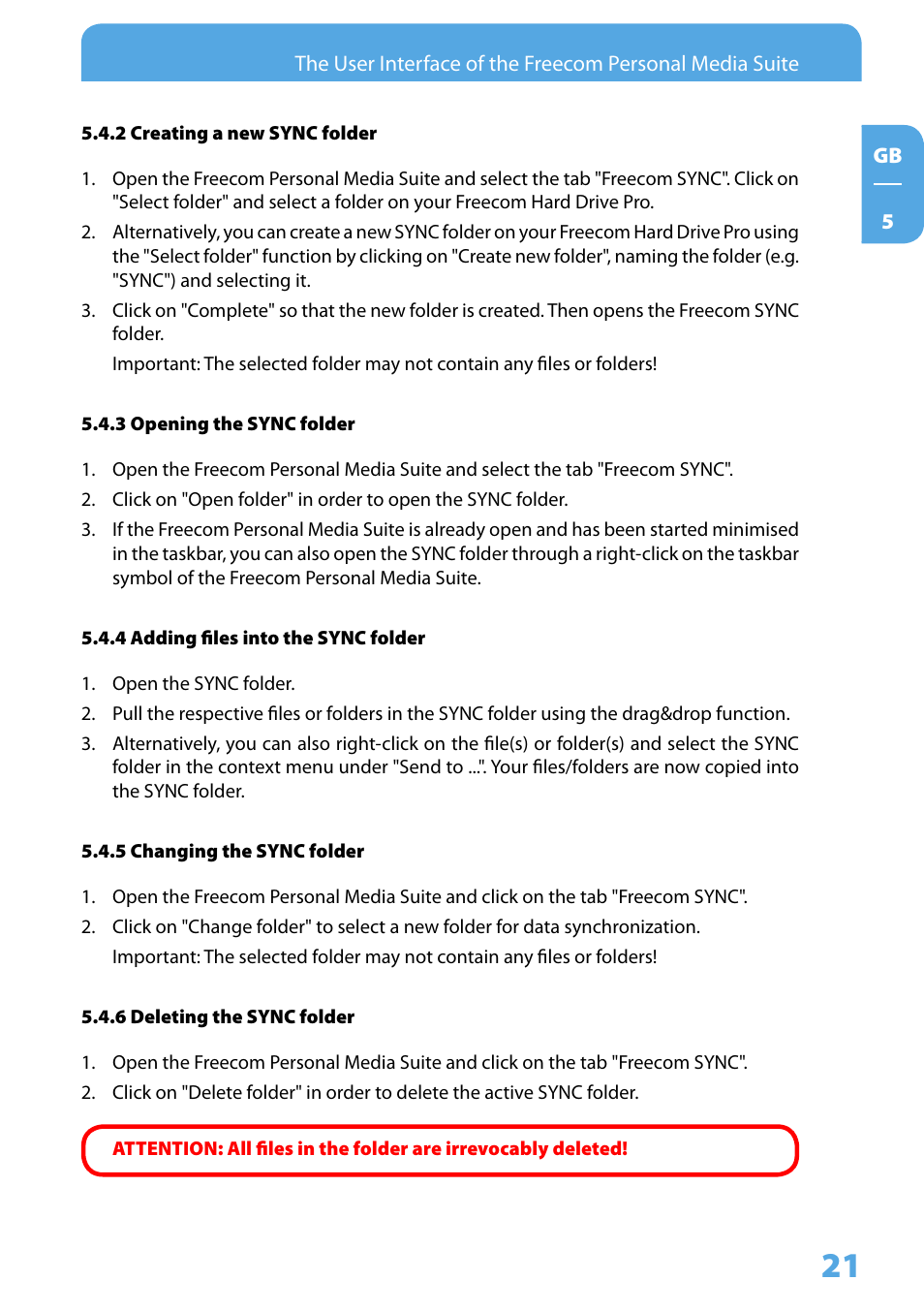 2 creating a new sync folder, 3 opening the sync folder, 4 adding files into the sync folder | 5 changing the sync folder, 6 deleting the sync folder | Freecom Technologies 3.5 " / USB 2.0 / ESATA User Manual | Page 21 / 51