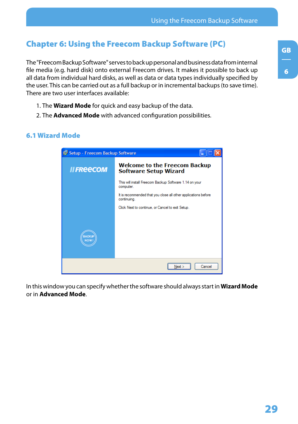 Chapter 6: using the freecom backup software (pc), 1 wizard mode | Freecom Technologies 3.5 " / USB 2.0 / ESATA User Manual | Page 29 / 51
