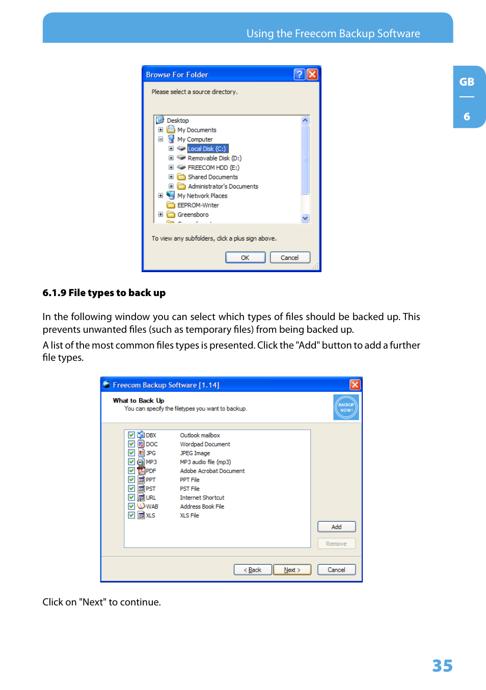 9 file types to back up | Freecom Technologies 3.5 " / USB 2.0 / ESATA User Manual | Page 35 / 51