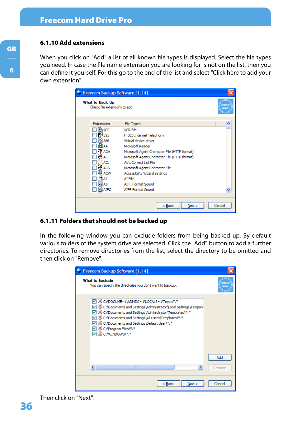 10 add extensions, 11 folders that should not be backed up, Freecom hard drive pro | Freecom Technologies 3.5 " / USB 2.0 / ESATA User Manual | Page 36 / 51