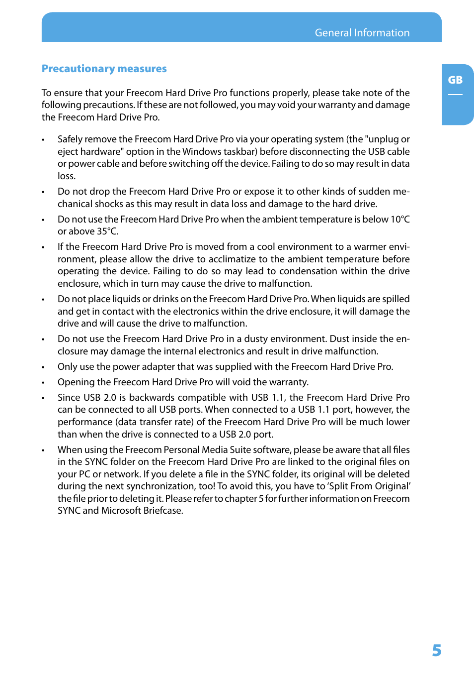 Precautionary measures | Freecom Technologies 3.5 " / USB 2.0 / ESATA User Manual | Page 5 / 51