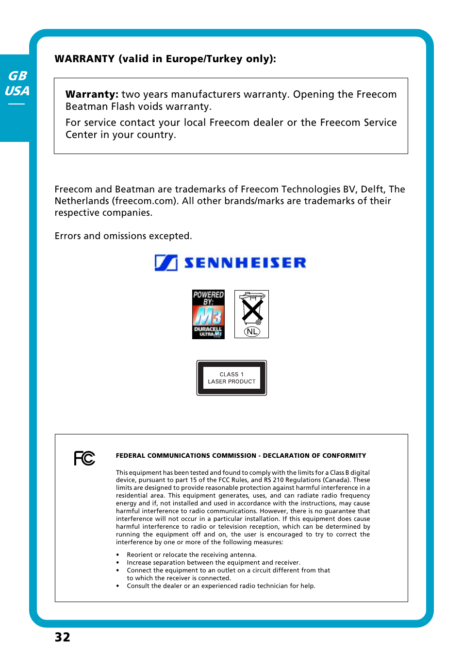 Warranty, 32 gb usa | Freecom Technologies Flash MP3 User Manual | Page 32 / 32