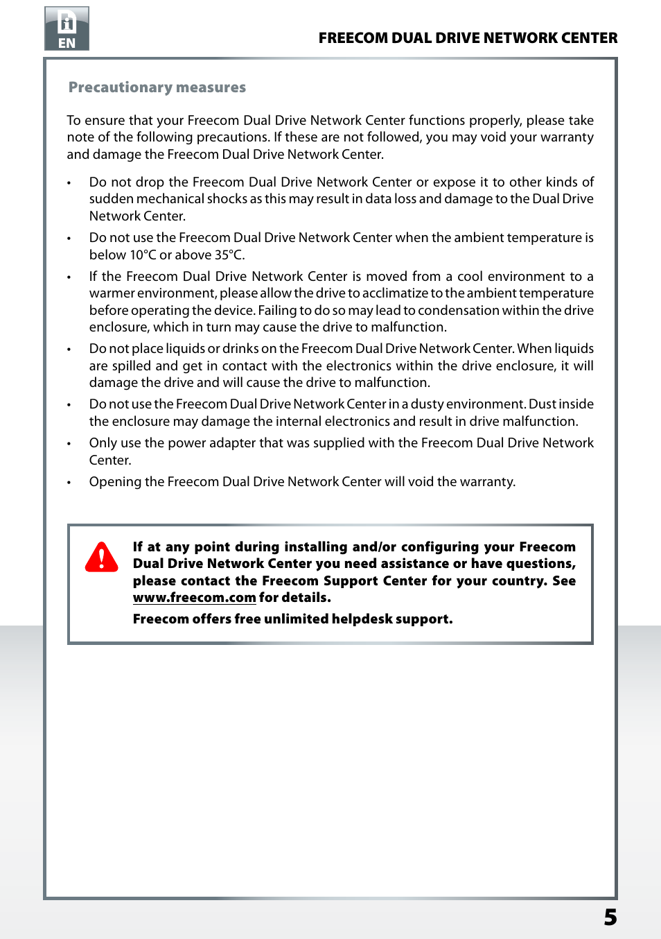 Precautionary measures | Freecom Technologies Dual Drive Network Center User Manual | Page 5 / 77