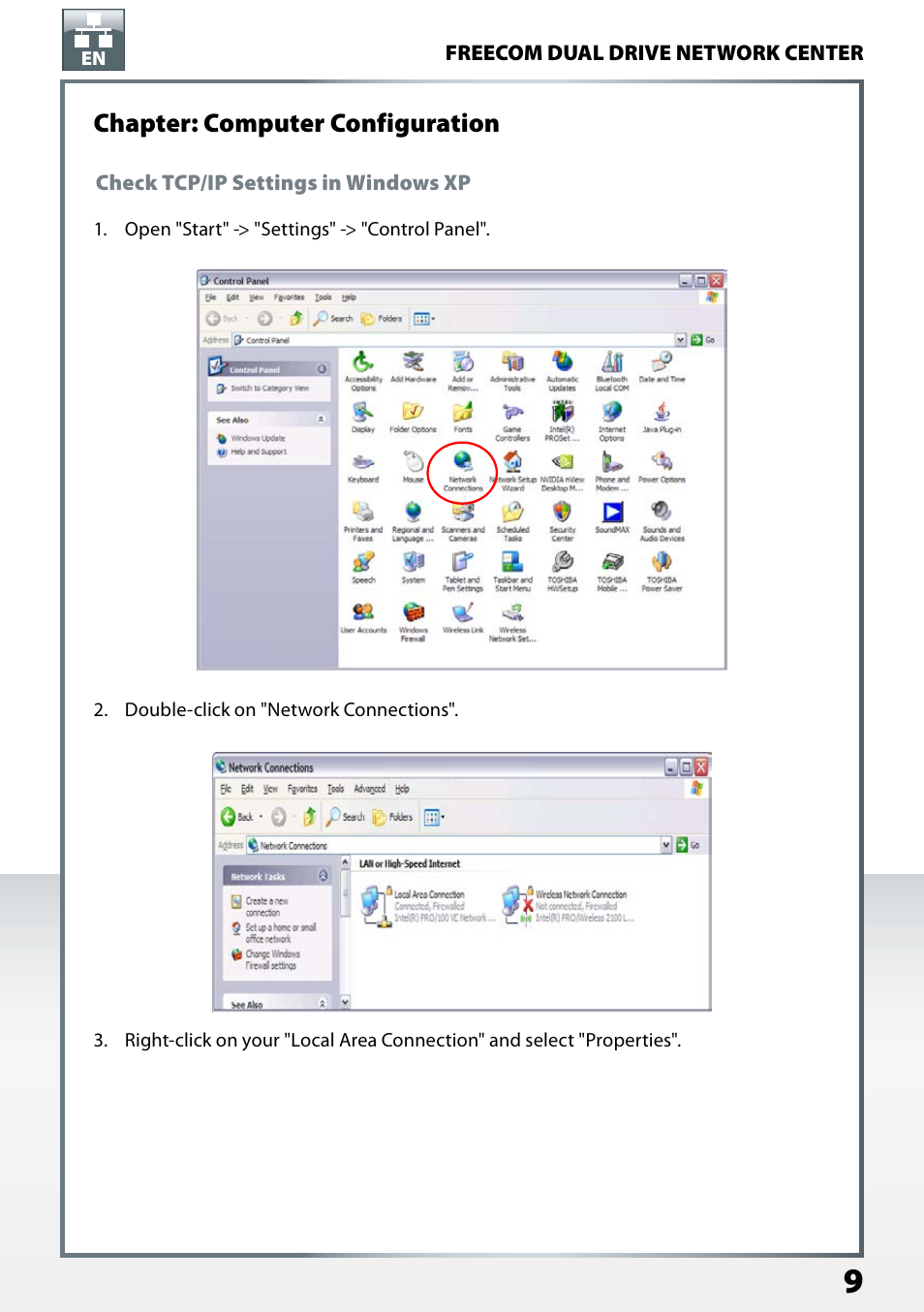 Chapter: computer configuration, Check tcp/ip settings in windows xp | Freecom Technologies Dual Drive Network Center User Manual | Page 9 / 77