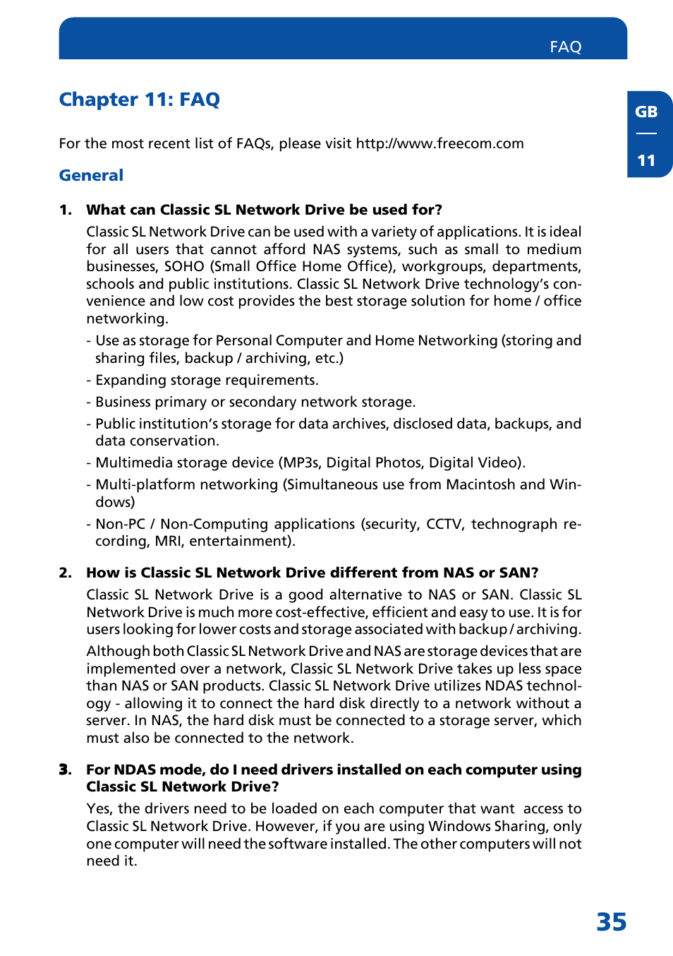 Chapter 11: faq, General | Freecom Technologies Network hard drive User Manual | Page 35 / 51