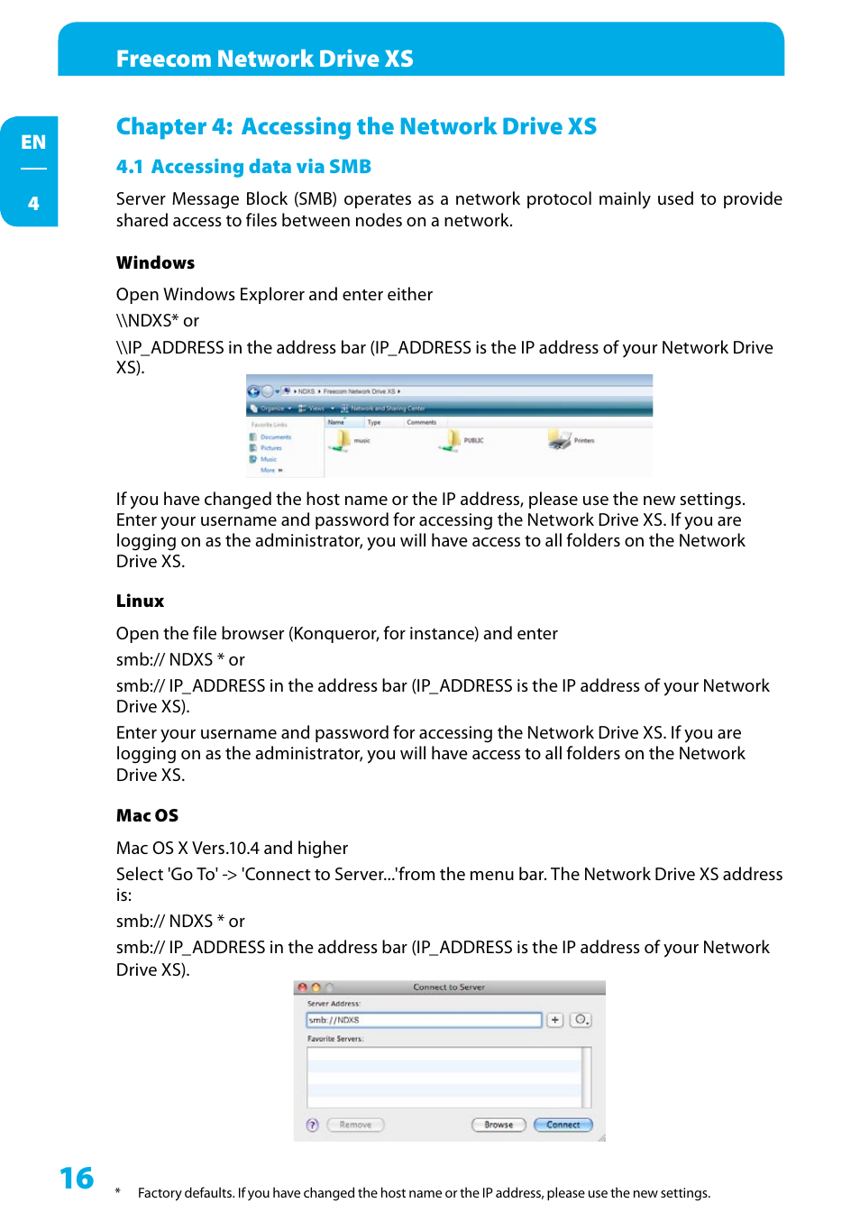 Chapter 4: accessing the network drive xs, 1 accessing data via smb, Freecom network drive xs | Freecom Technologies Network Drive XS User Manual | Page 16 / 40