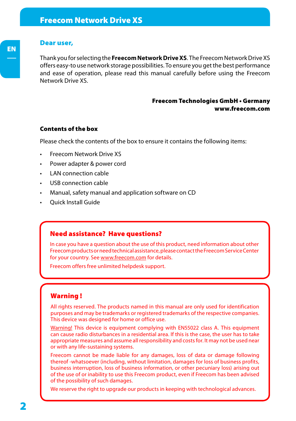 Dear user, Contents of the box, Need assistance? have questions | Warning, Freecom network drive xs | Freecom Technologies Network Drive XS User Manual | Page 2 / 40