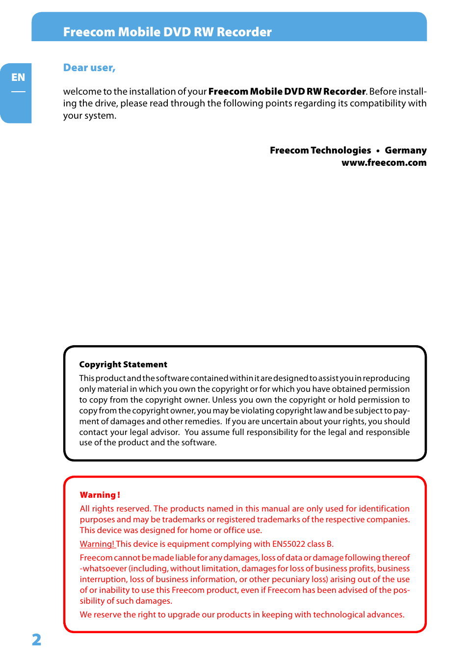 Dear user, Copyright statement, Warning | Freecom mobile dvd rw recorder | Freecom Technologies LS PRO User Manual | Page 2 / 13