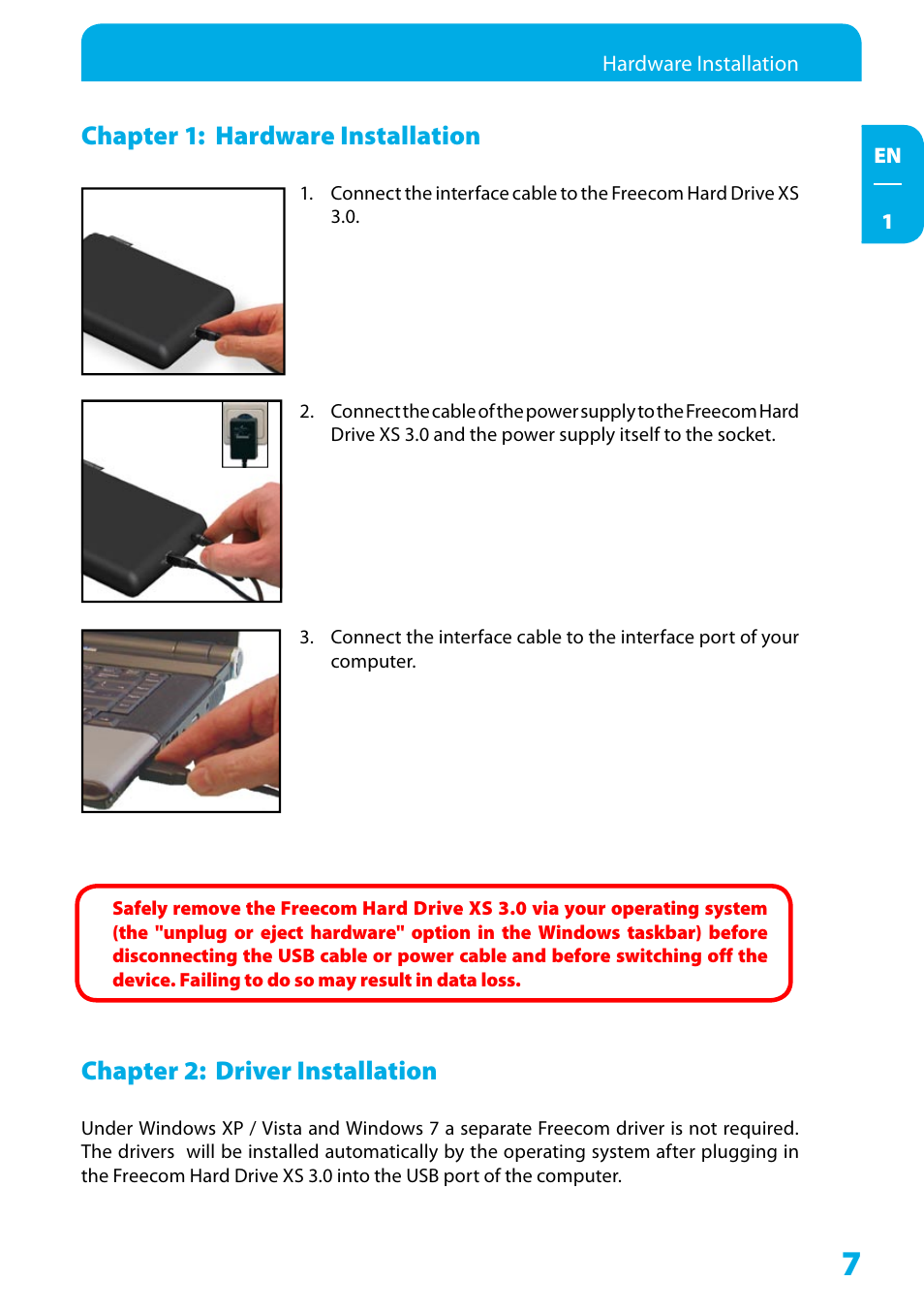 Chapter 1: hardware installation, Chapter 2: driver installation, Chapter : driver installation | Freecom Technologies XS 3.0 User Manual | Page 7 / 16