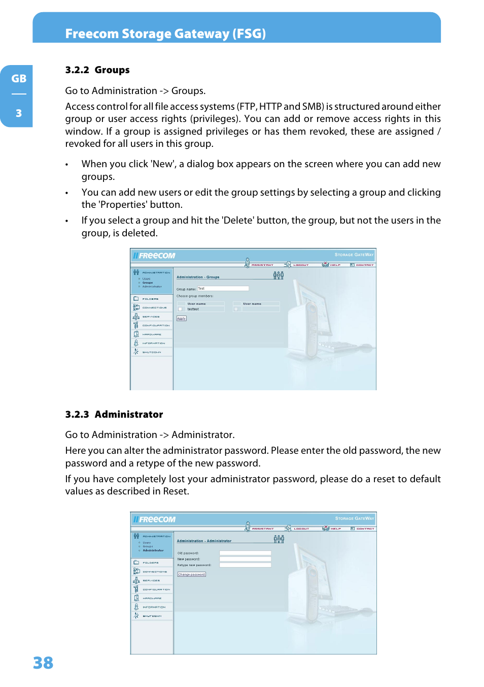 2 groups, 3 administrator, Freecom storage gateway (fsg) | Freecom Technologies Storage Gateway NETWORK HARD DRIVE User Manual | Page 38 / 129