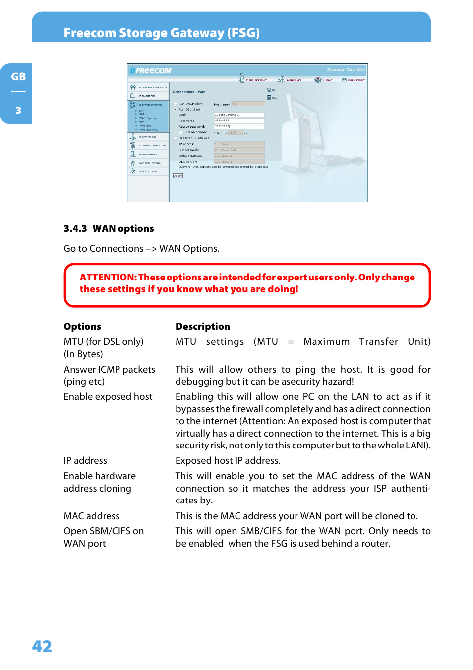 3 wan options, Freecom storage gateway (fsg) | Freecom Technologies Storage Gateway NETWORK HARD DRIVE User Manual | Page 42 / 129