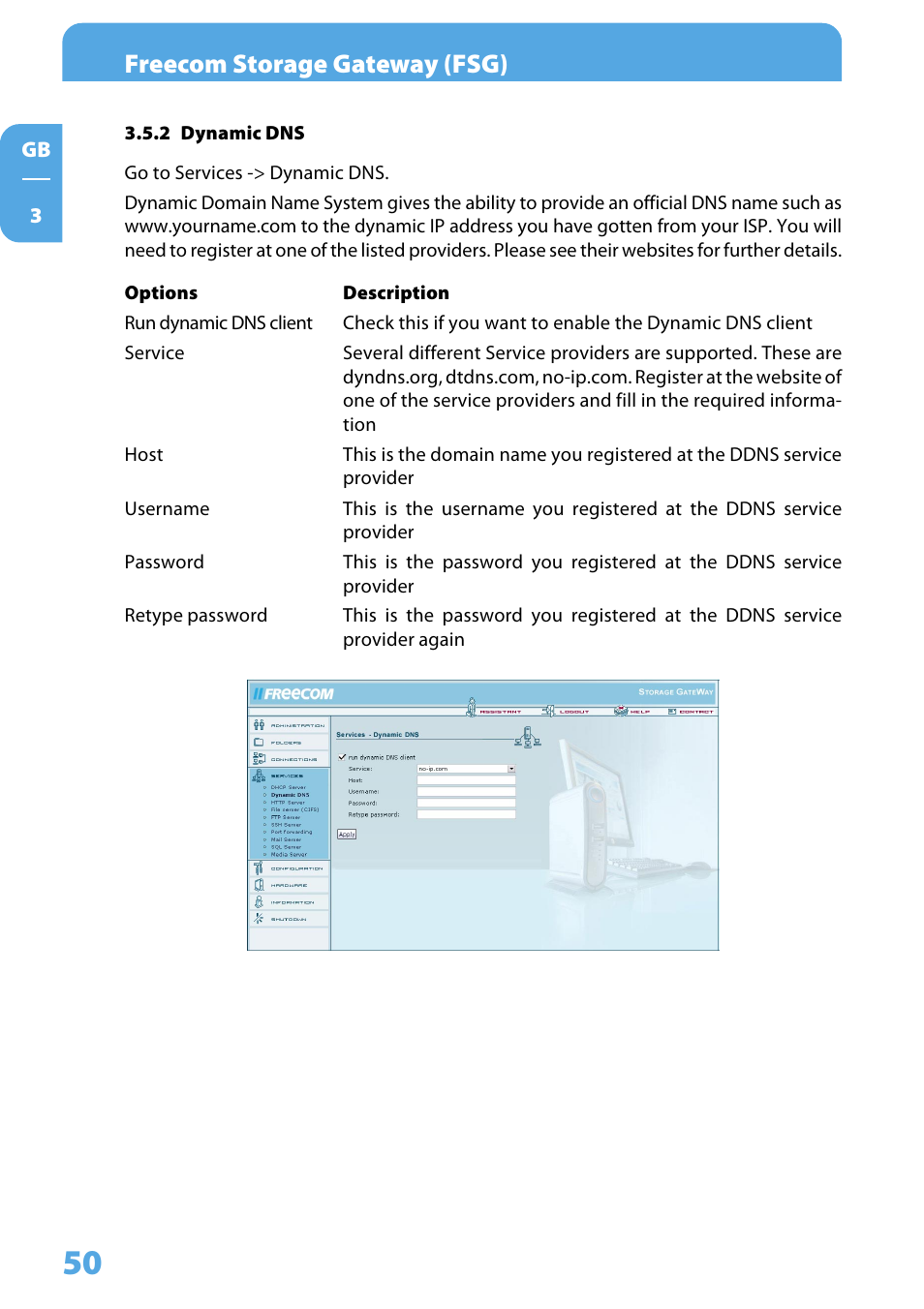 2 dynamic dns, Freecom storage gateway (fsg) | Freecom Technologies Storage Gateway NETWORK HARD DRIVE User Manual | Page 50 / 129